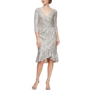 Alex Evenings Short Sequin Dress with Sleeves and Skirt Flounce Size 10